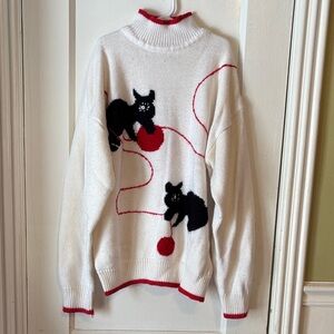 Cozy White Turtleneck Sweater with Cat Design